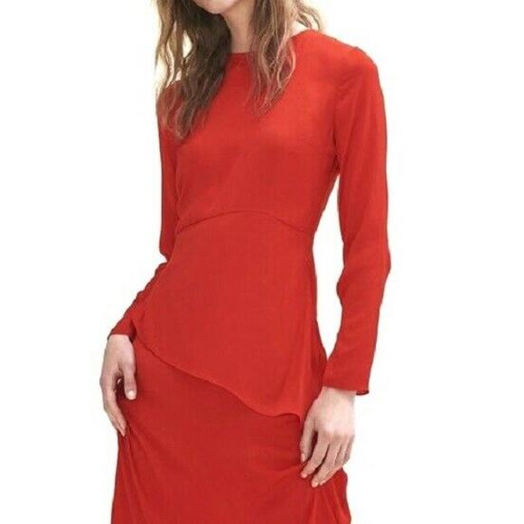 MAJE Remania satin tiered a-line long sleeve crewneck red career dress Sz 1 NEW - Picture 6 of 9